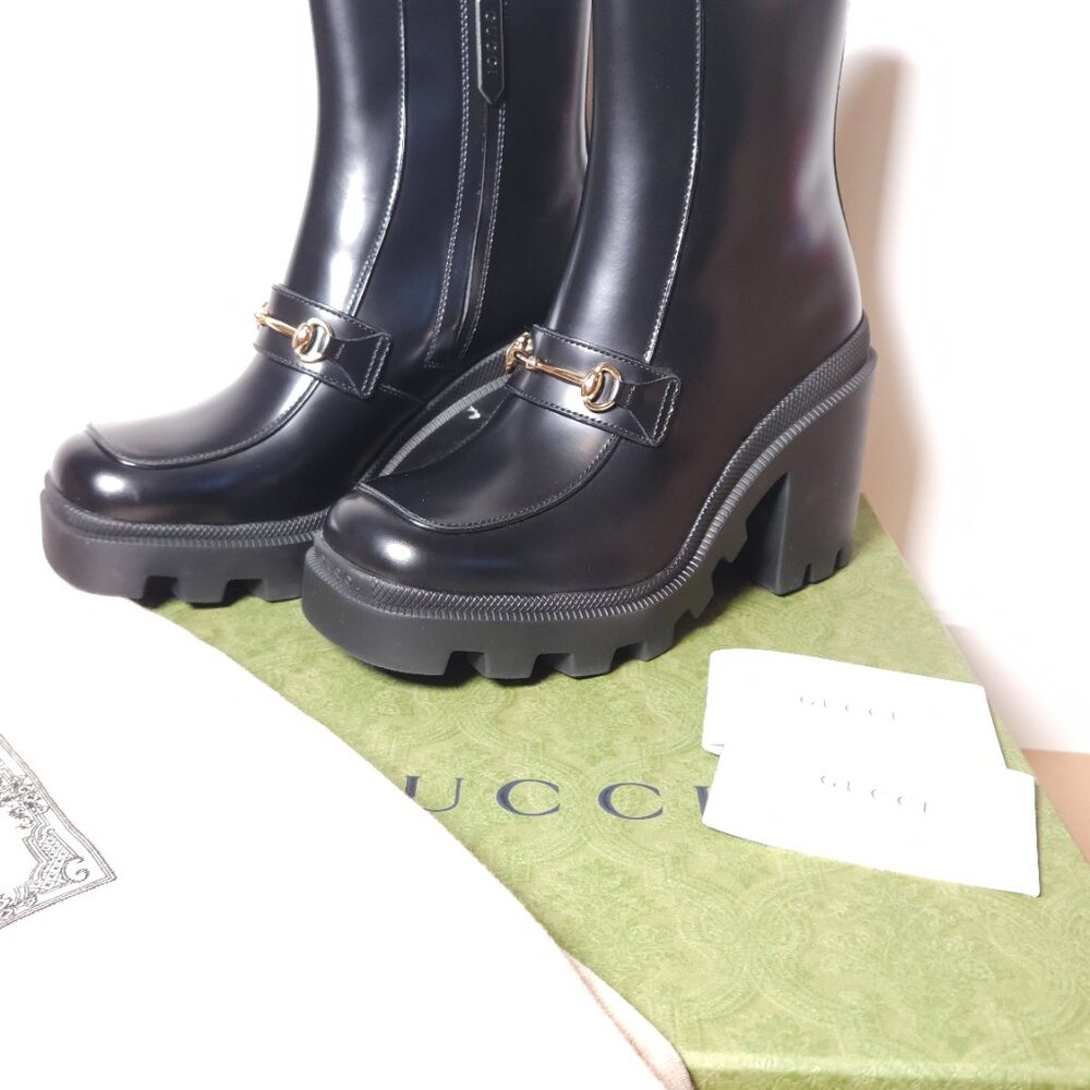 Gucci Horsebit Ankle Boots Black Leather Square Toe Lug Sole Size 36.5 / US 6.5 - Picture 9 of 14